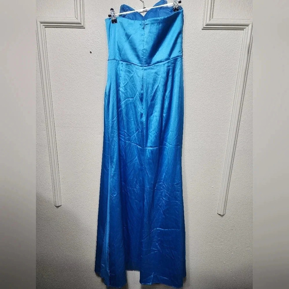 Lulus Ethereal Excellence Teal Blue Satin Pleated Strapless Maxi Dress Party - Picture 12 of 12